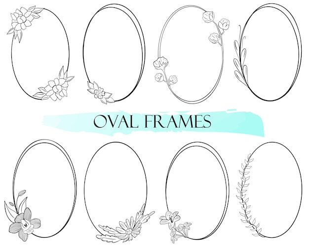 Set oval frames with flowers and leaves vector