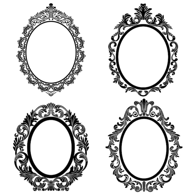 Set of oval vintage border frame engraving with retro pattern in antique baroque style. Vector.