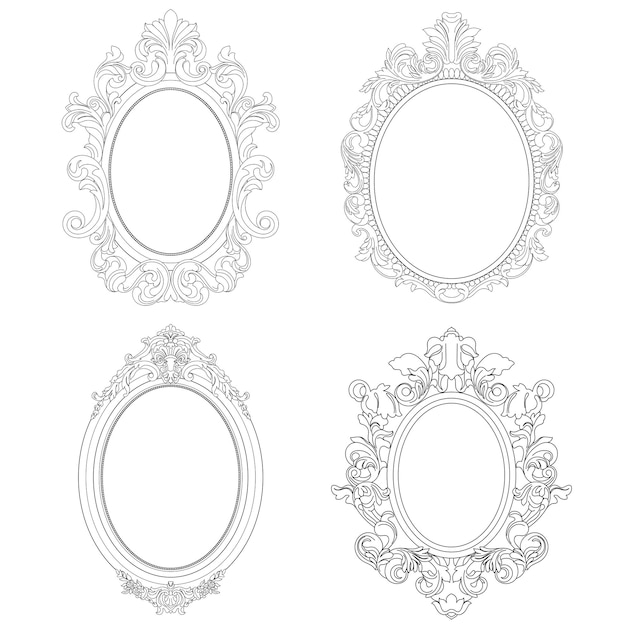 Vector set of oval vintage border frame engraving with retro  pattern in antique baroque style. vector.