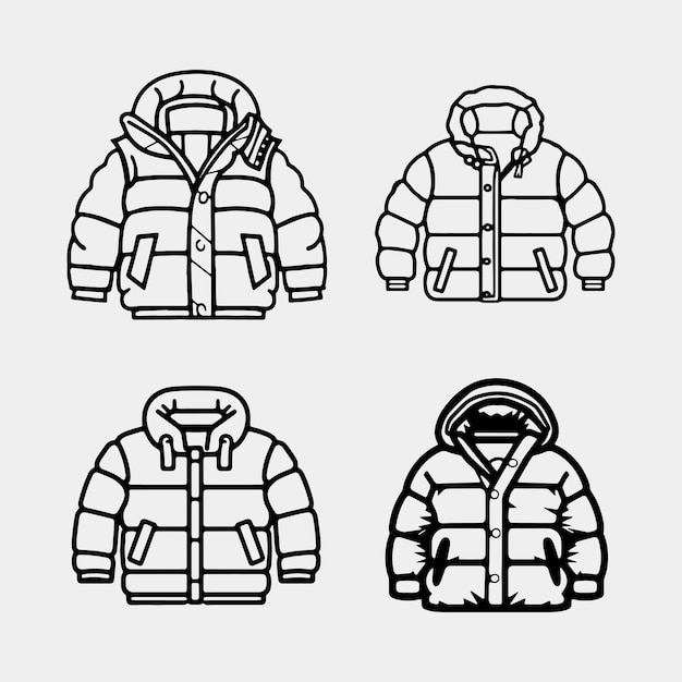 Set of oversized puffer jacket vector isolated on white background