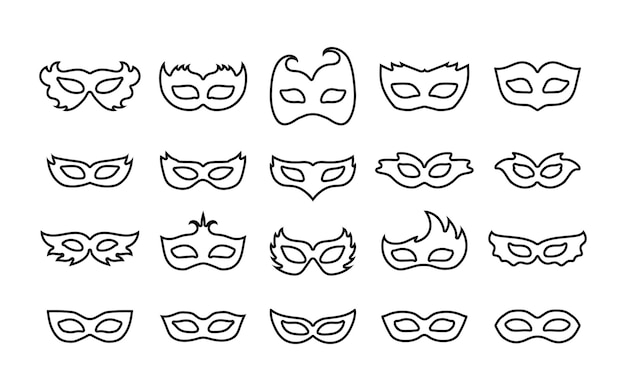 Vector set overzicht carnaval maskers. eenvoudige lineaire pictogrammen van maskerademaskers voor feestparade en carnaval