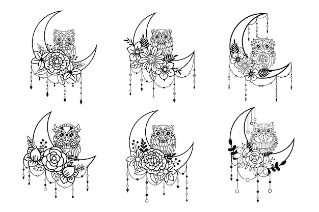Set of owl and crescent moon illustration