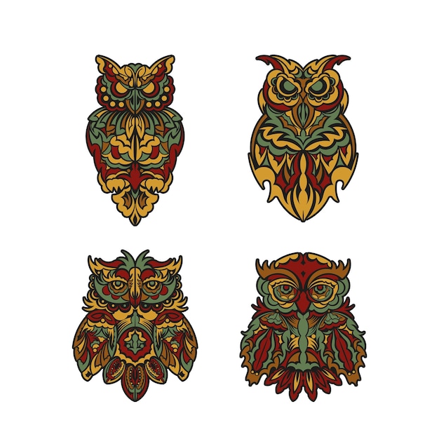 Set of Owl ornament in baroque color style Good for menus prints and postcards Vector illustration