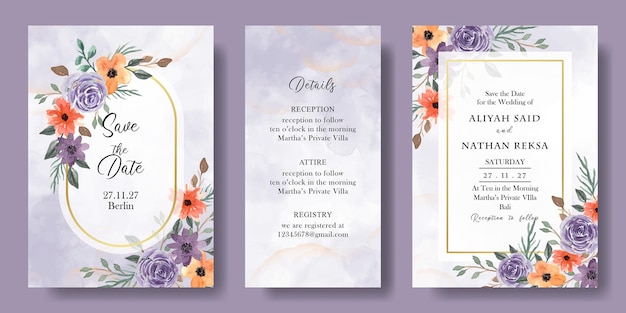 Set paarse bruiloft uitnodiging sjabloon met aquarel bloemen arrangementen