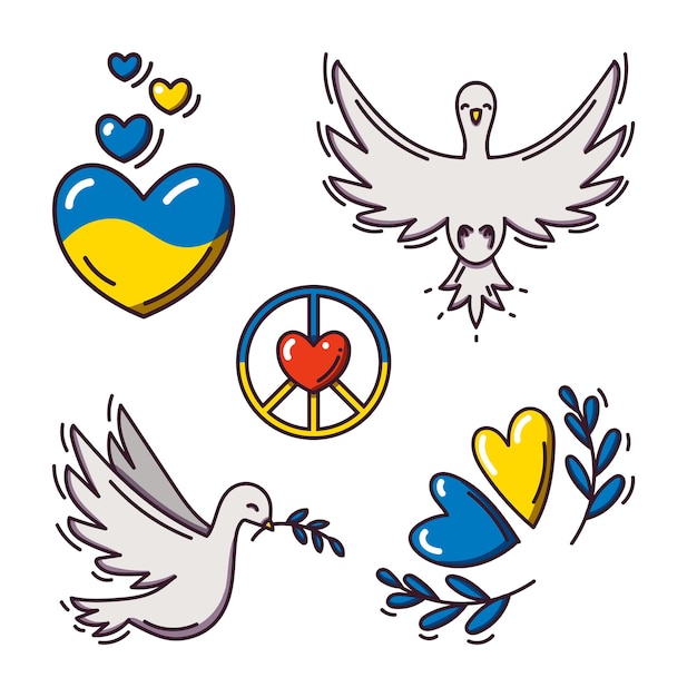 Set of pacific symbols and hearts and doves in the colors of the ukrainian flag isolated on white background