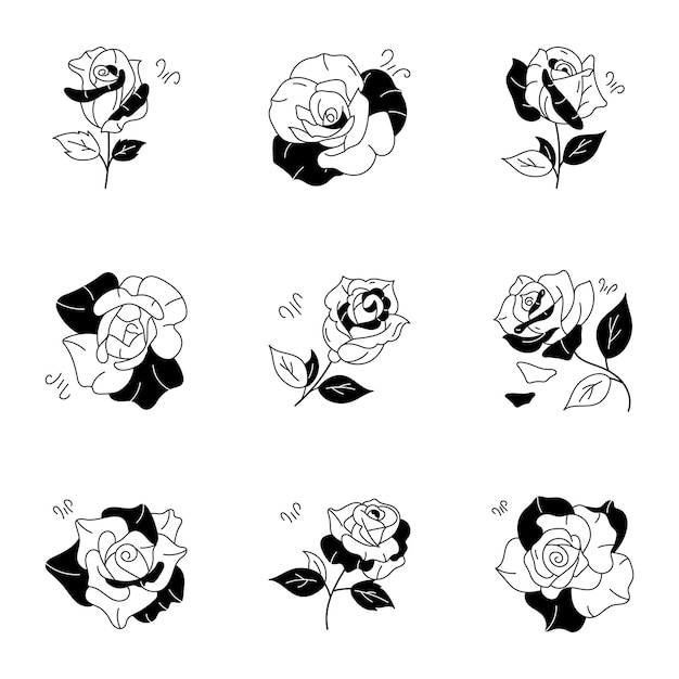 Вектор Набор цветов вишневой розы с ручными иконами