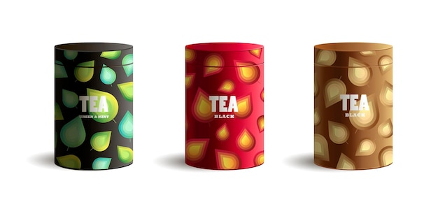 Set of package for tea with stylized graphic of tea leaves pattern on realistic tube cylinder box