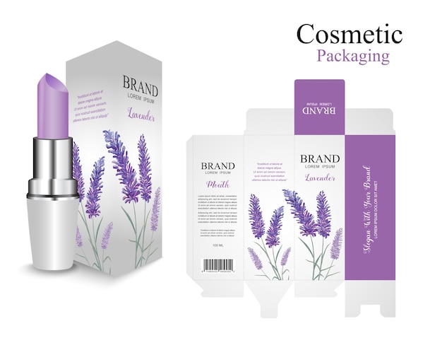 Vector set packaging box lipstick design.lavender purple cosmetic. flower watercolor paint.