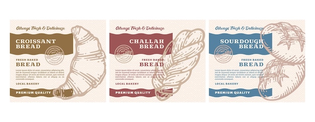 Vettore set di packaging design o label premium bakery con pane disegnato a mano in stile vintage doodle