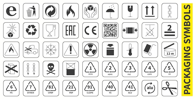 Set of packaging symbols for transportation storage and product information