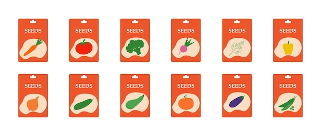 Set of packaging with seeds drawn by hand Bright packets of seeds Vector illustration