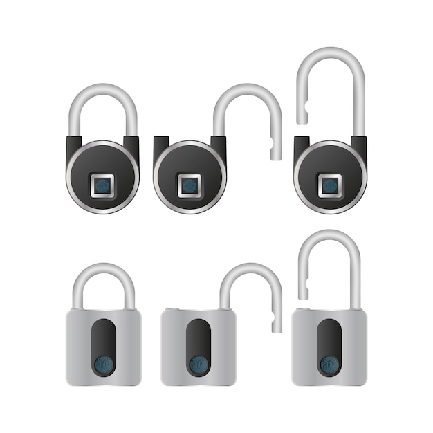 Vector set of padlocks with fingerprint scanner