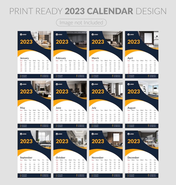 A set of pages for 12 months editable 2023 calendar template. Simple corporate card, planner.