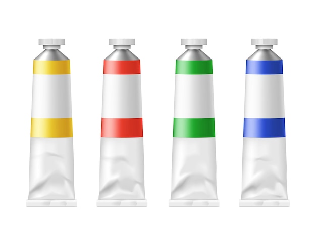 Vector set of paint tubes with empty template logo. bottles with acrylic red, yellow, green and blue paint