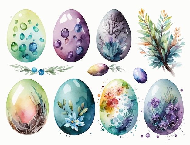 A set of painted easter eggs with a tree and flowers.