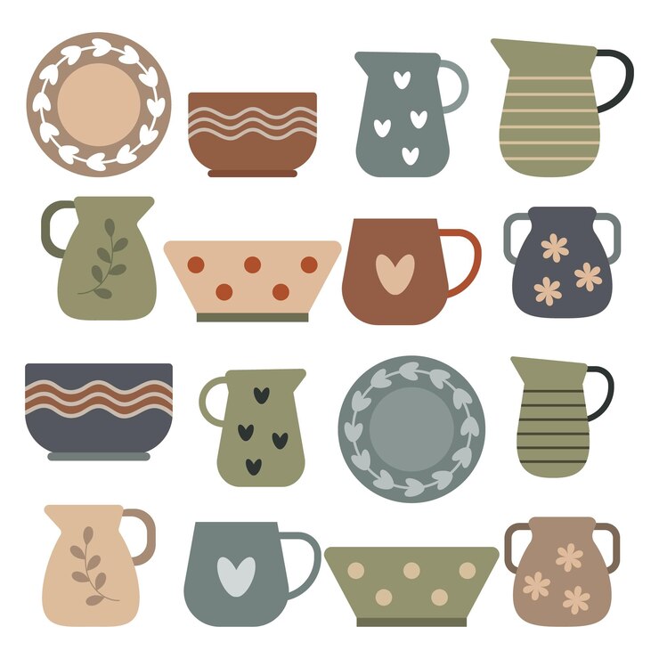 Vector a set of painted pottery with ornaments in retro style pottery icons brown green colors