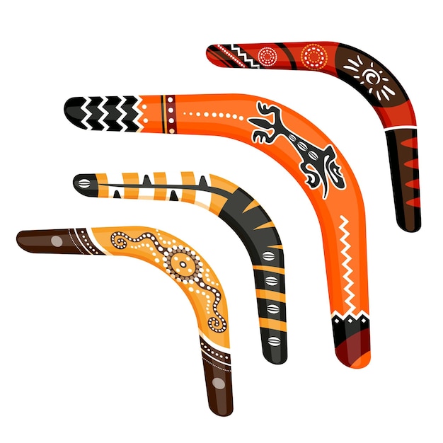 Vector set of painted traditional australian boomerang tools vector illustration isolated on white background. collection of ornamental aboriginal weapons