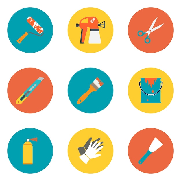 Set for painting work construction renovation service colored icons flat style isolated vector illus...