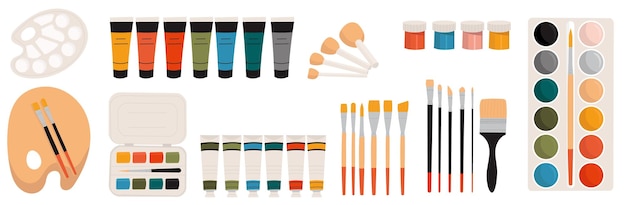 set of paints and brushes palette for drawing on a white background vector