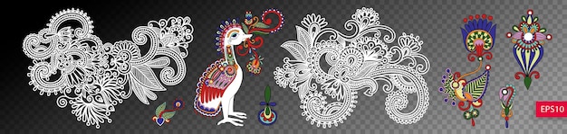 Set of paisley flower and bird design isolated