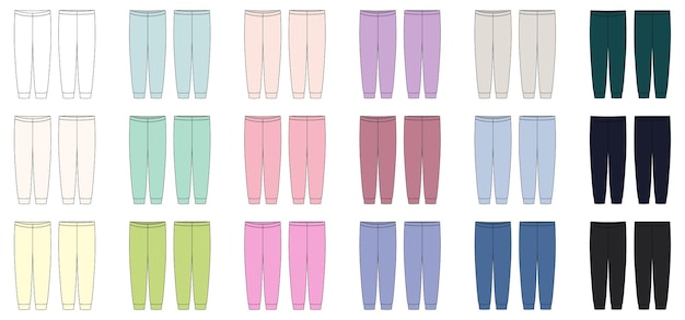 Set of pajamas pants technical sketch. KIds home wear trousers design template collection. Front and back view. CAD fashion vector illustration