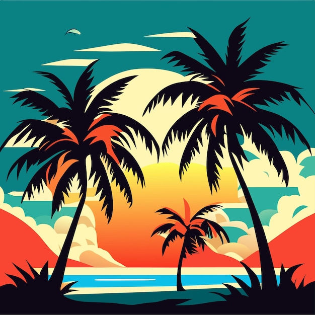 Vector set of palm trees or beach sunset beach illustration