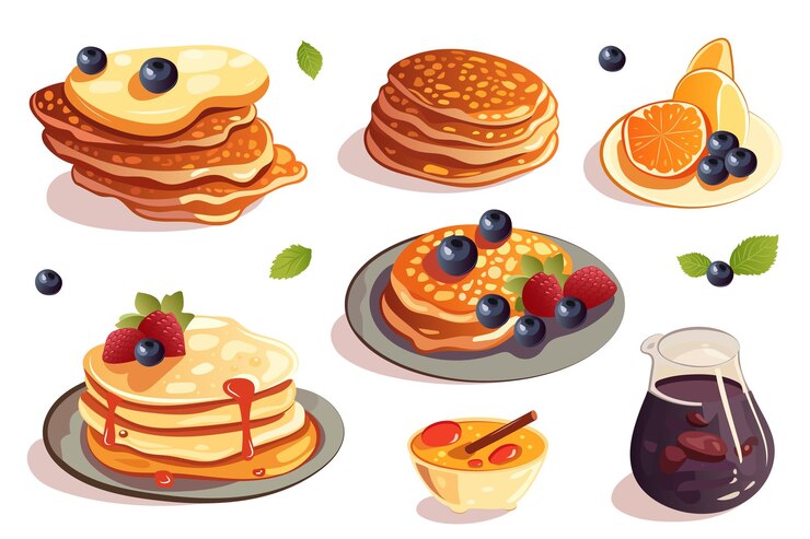 Vector set of pancakes a charming set of cartoonstyle design illustrations featuring delectable pancakes