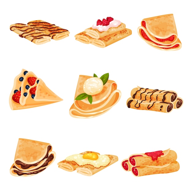 Vector set of pancakes in the shape of roll and triangle