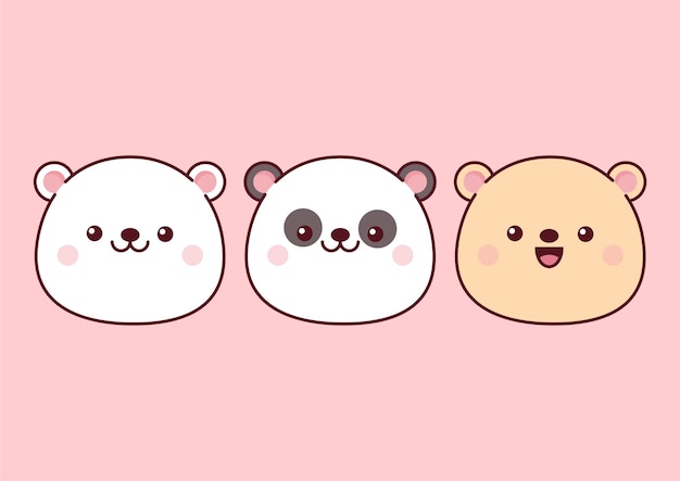 Vector set of panda and bear heads in kawaii style