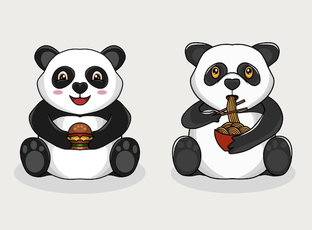 set panda eating noodles and hamburger
