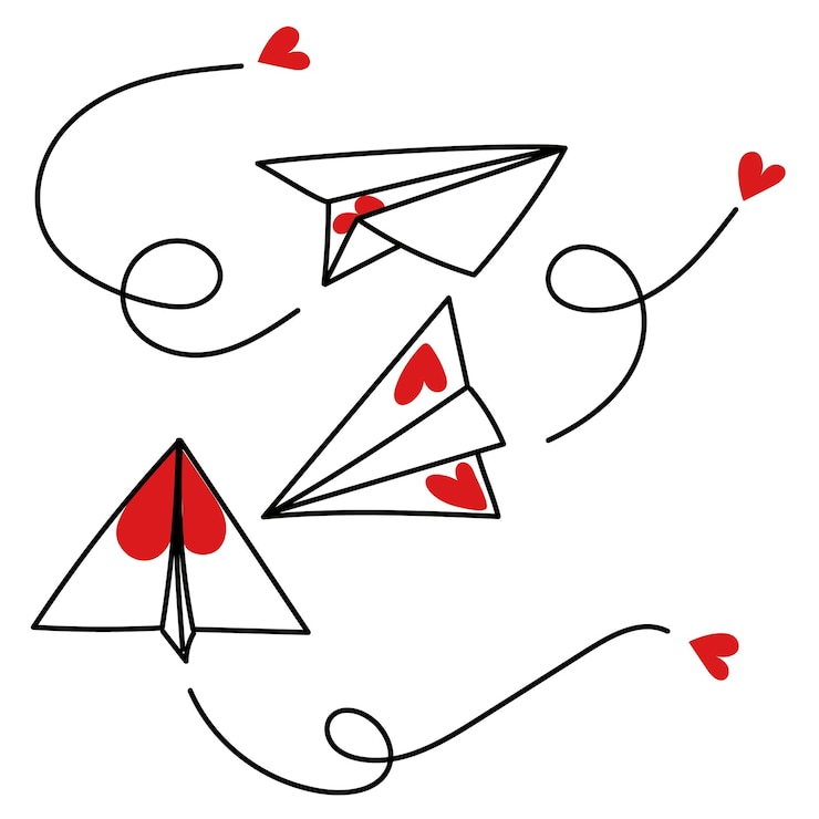 Vector set of paper airplanes with hearts flying airplane with an air route line carries hearts trajectory