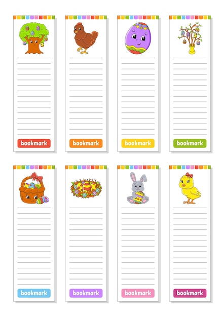 Set of paper bookmarks for books with cute cartoon characters For kids Easter theme