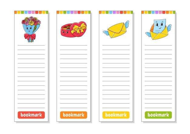 Set of paper bookmarks for books with cute cartoon characters For kids Isolated on white background