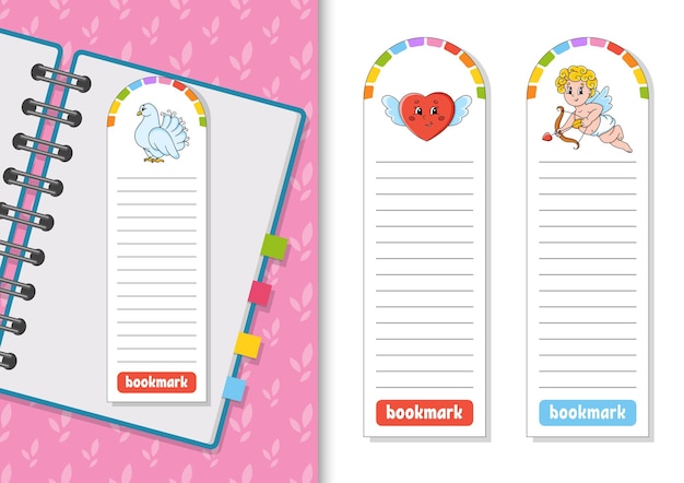 Vector set of paper bookmarks for books with cute cartoon characters for kids isolated on white background