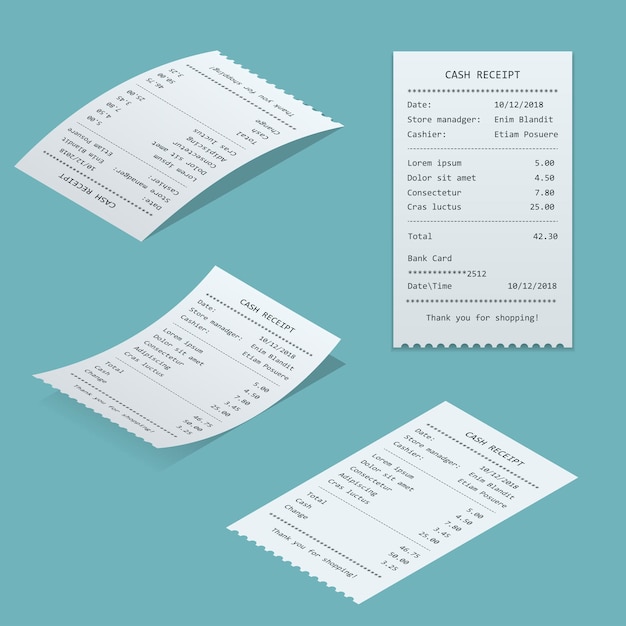 Vector set paper check and financial check isolated. sales printed receipt, shopping paper bill atm vector mock up. bill atm template. vector illustration.