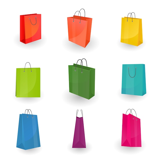 Набор бумажных красочных сумок для покупок или подарков на белом фоне
