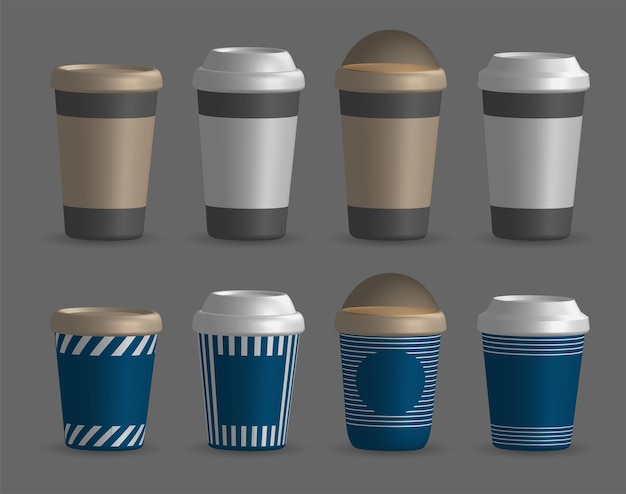 Vector set of paper cups covered realistic 3d vector illustration editable