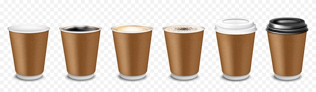 A set of paper disposable cups for coffee, latte, cappuccino, espresso, americano, cocoa. Cups with plastic cover. Coffee to go. Vector 3D realistic illustration isolated on transparent background