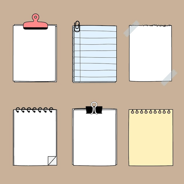 Set of paper sticky note pad with tape and clip