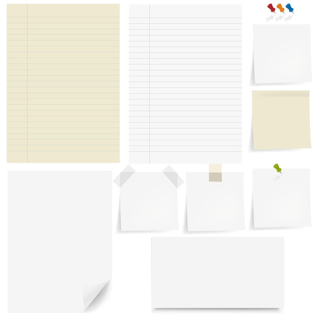 Set Paper And Sticky Pushpin White Background