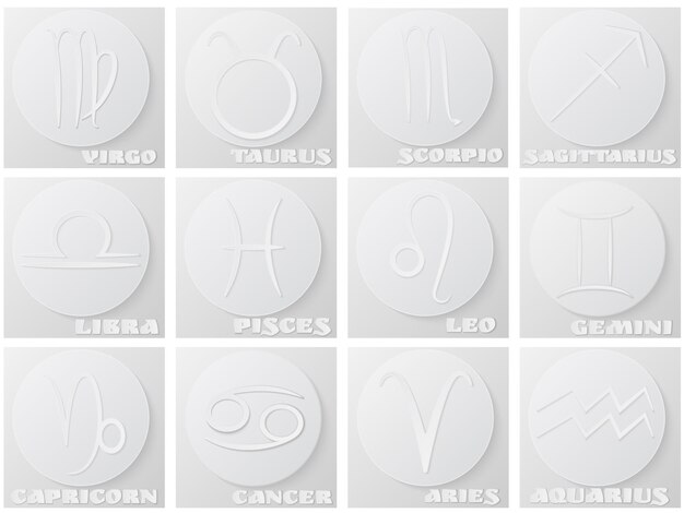Set of paper zodiac symbols, white icons with shadow on the round paper. Vector illustration