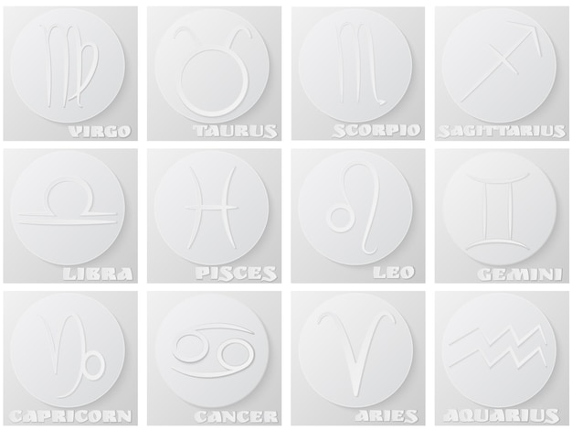 Set of paper zodiac symbols, white icons with shadow on the round paper. vector illustration