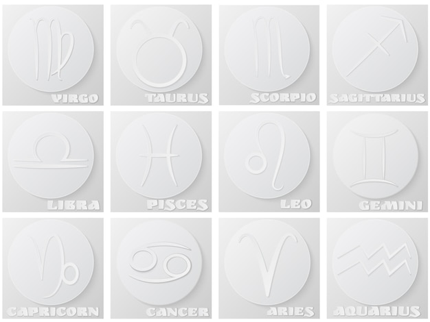 Set papier dierenriem symbolen, witte pictogrammen met schaduw op het ronde papier. vector illustratie