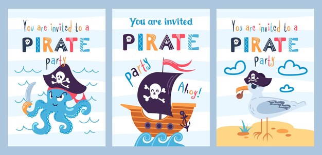 Modello di invito a una festa cartone animato nave pirata gabbiana marinaio e ladro di polpo bandiera nera jolly roger teschio e ossa illustrazione vettoriale per giochi carte di progettazione libro di giochi da tavolo per bambini