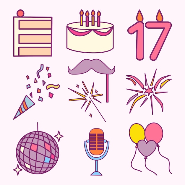 Set of Party Objects Simple Flat Line Illustration