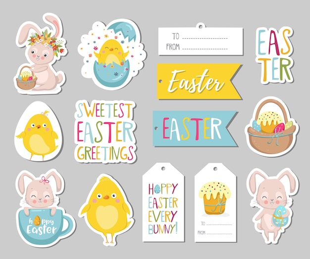 Vector set pasen cadeau tags scrapbooking elementen etiketten badges met schattige konijntjes kip en belettering pasen groet stickers met konijn bloemen eieren vectorillustratie eps10