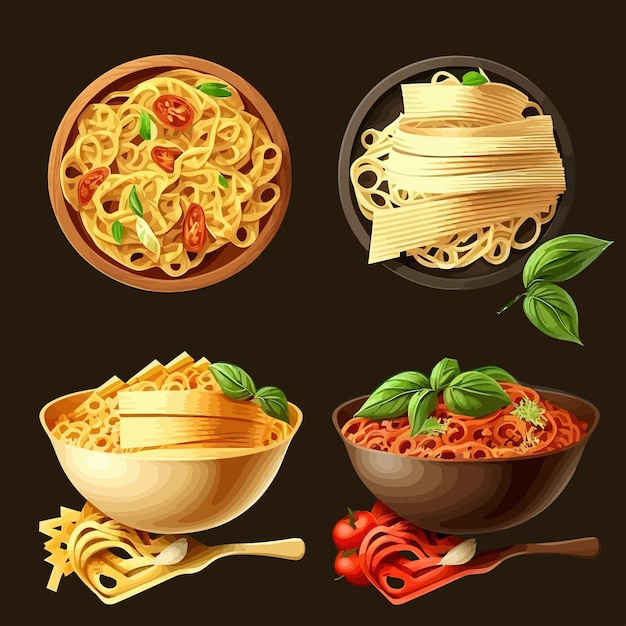 Набор ресторанных блюд из макарон или домашней лапши, изолированные на фоне векторной иллюстрации