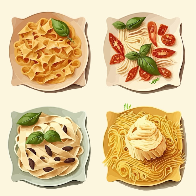 Vector set of pasta meals restaurant or homemade noodles isolated on background vector illustration