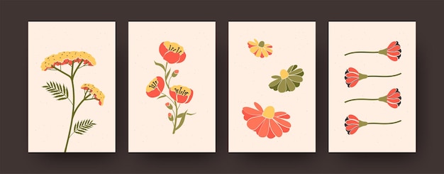 Set of pastel decorative flowers on cards