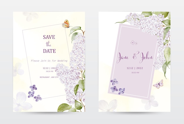 Set of pastel purple watercolor invitation cards with lilac flower